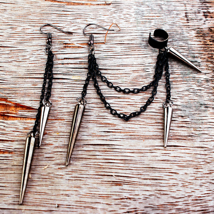 Black Punk Rock Rivets Chain Tassel Dangle Ear Hook Cuff Wrap 80’s Earrings P29