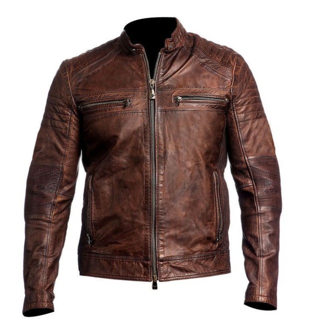 Mens Biker vintage motorcycle distressed brown cafe racer leather jacket