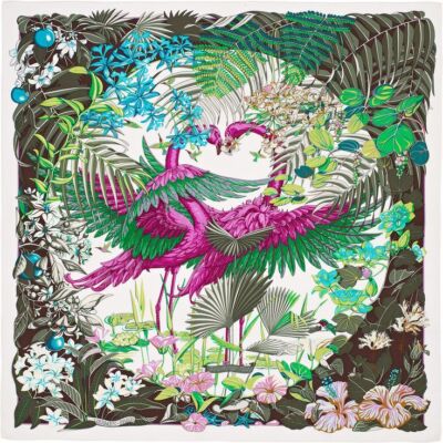 Hermes Scarf Stole Flamingo Party White Green Animal Floral Silk Auth New 90 cm