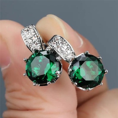 Round Lab-Created Emerald Diamond Women's Huggie Earring's 14K White Gold Plated