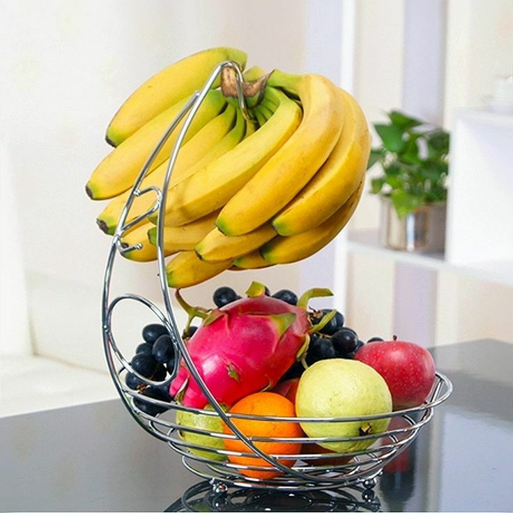 2 in 1 Chrome Fruit Bowl Basket & Banana Hook Hanger Stand Holder Apple