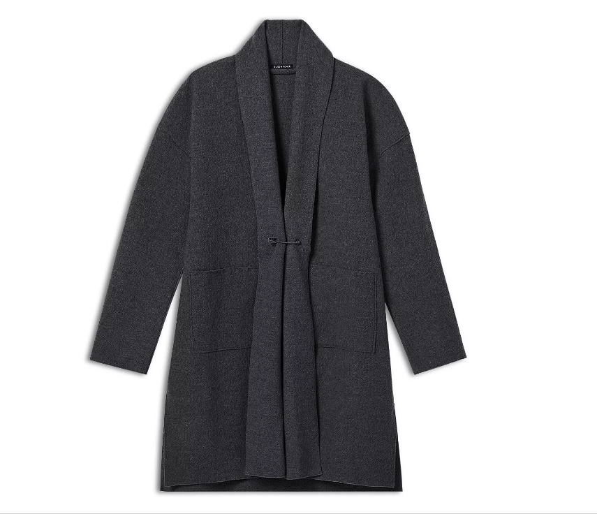 Pre-owned Eileen Fisher Lightweight Boiled Wool Long Cardigan Coat Red Cedar Dark Red L