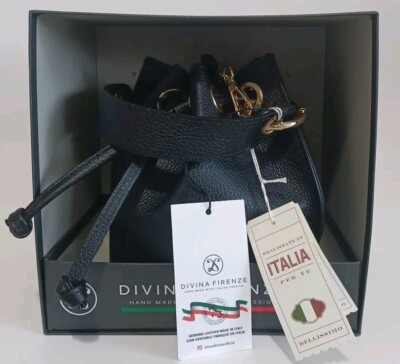 Divina Firenze Made in Italy Leather Crossbody Bucket Purse Handbag Black Gold