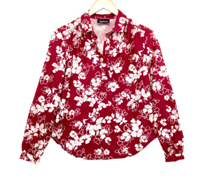Joren Women's Maroon Floral Round Hem Collared Button-Up Shirt Size 10