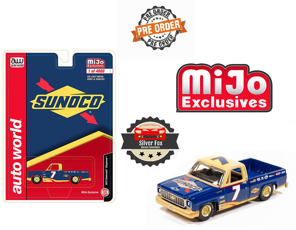 AUTO WORLD MIJO EXCLUSIVE SUNOCO 1973 CHEVY CHEYENNE SQUARE BODY REAL RIDERS