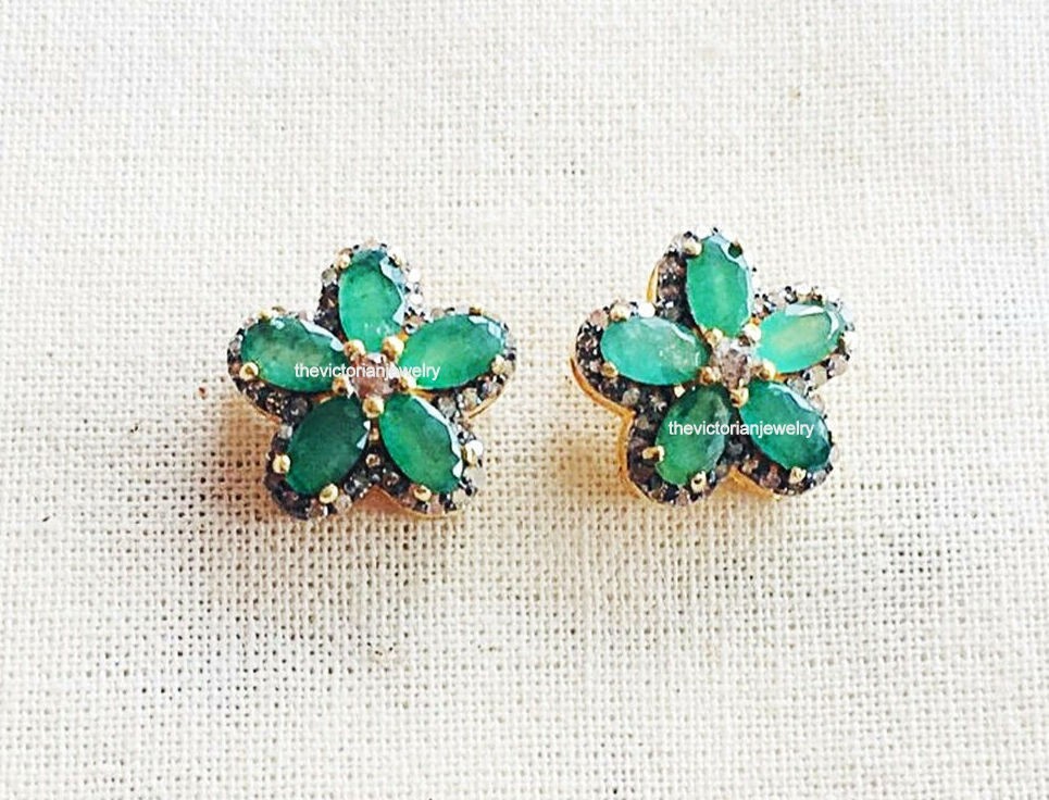 Emerald Gemstone 925 Sterling Silver Pave Diamond Stud Earring Wedding Jewelry