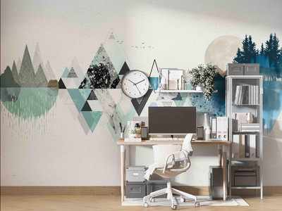 3D Mountains River Sun Geometry Self-adhesive Removeable Wallpaper Wall Mural1