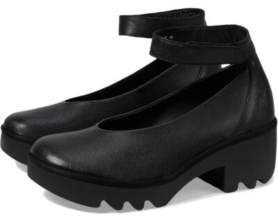 Pre-owned Fly London Women's Tiry497fly Hook & Loop Ankle Strap Pull On Shoe In Black