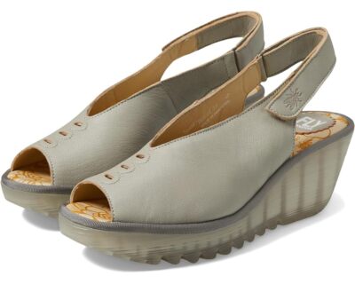 Pre-owned Fly London Women's Yeay387fly Hook & Loop Sling Back/peep Toe Wedge Sandal In Silver