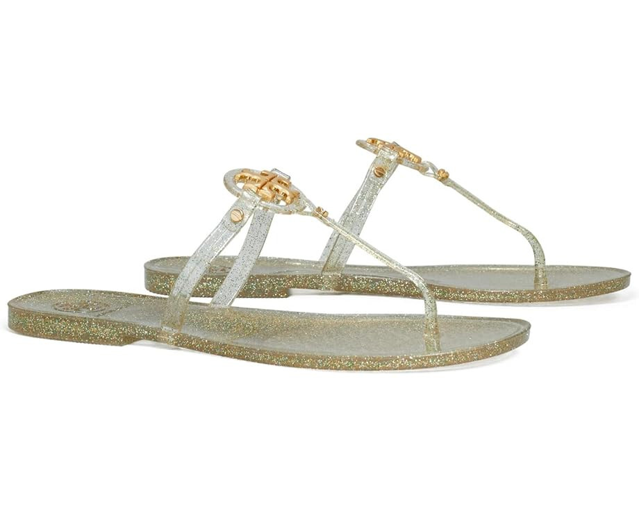 Pre-owned Tory Burch In Box  Mini Miller Jelly Thong Sandals Green Silver Gold Us 7