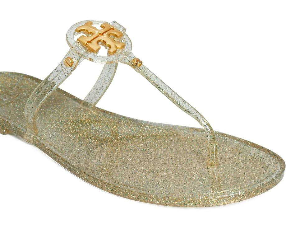Pre-owned Tory Burch In Box  Mini Miller Jelly Thong Sandals Green Silver Gold Us 7