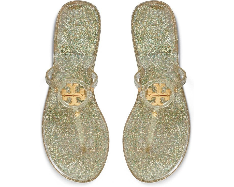 Pre-owned Tory Burch In Box  Mini Miller Jelly Thong Sandals Green Silver Gold Us 7