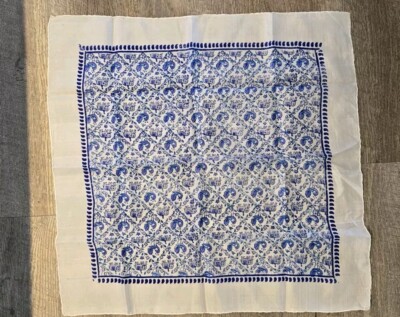 100% Silk Vintage Scarf, Pocket Square, Peacock And Elephant Print, Blue, White