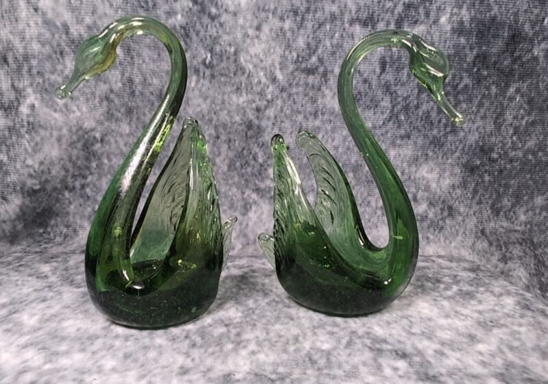 Pair Of Retro Hand Sculptured Green Glass Swans Collectable 