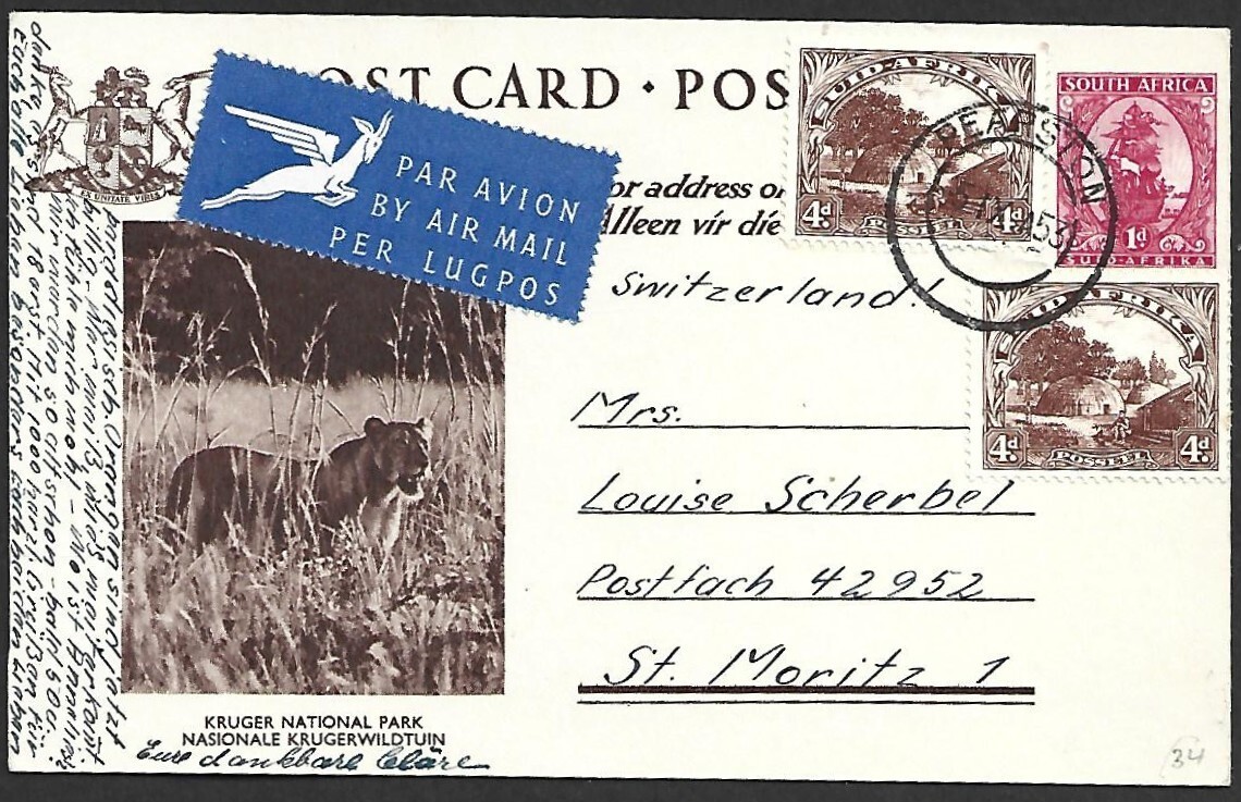 (BL) South Africa 1953 PEARSTON Postcard