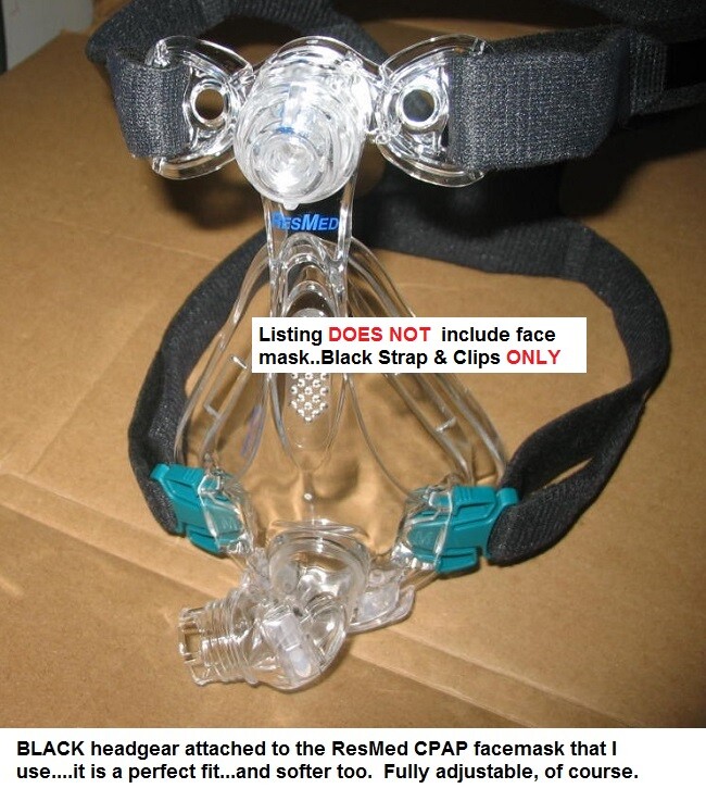 CPAP Face Mask Headgear Standard Size BLACK.. with CLIPS... Fits ResMed mask