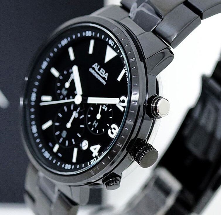Pre-owned Seiko Alba At3f43x Black Stainless Steel Quartz 100m Wr Mens Chronograph Watch