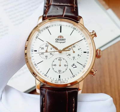Orient Chronograph Rose Gold Tone Silver Dial Leather Band Watch RA KV0403S10B