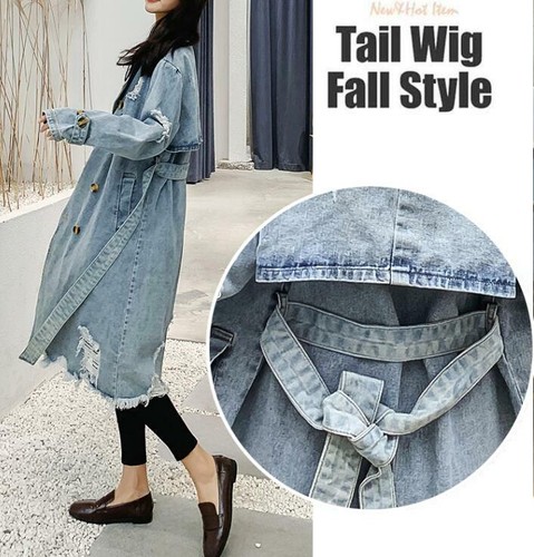 Damen Oversize Mantel Denim Übergang Revers Zweireiher Jeansjacke Gürtel Coats L