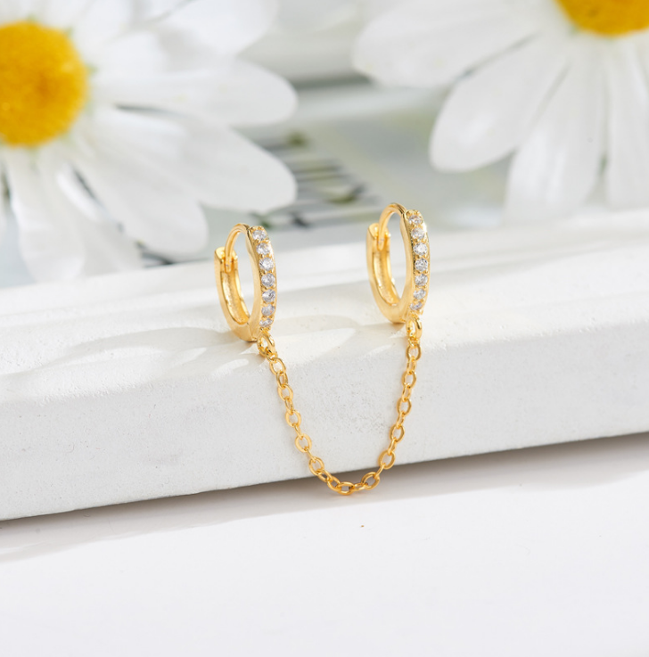 Sterling Silver CZ Double Huggie Hoop Chain Linked Earrings for 2 Ear Holes PE60