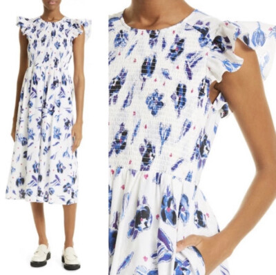 NEW Baum Und Pferdgarten Admore Smocked Blue Floral Midi Dress Size 34 (US 4)