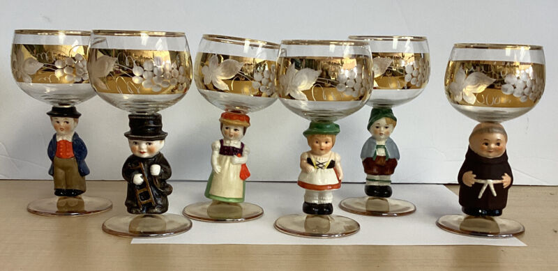 6 Vintage Goebel Hummel Figurine Wine Glasses 14k Gold Gilding Germany Cordial