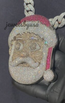 Pre-owned Nsg Big 3d Santa Face 5.10ct Color Cubic Zirconia Men's Fancy Pendant 925 Silver In White