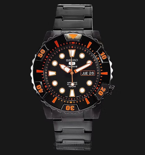 Pre-owned Seiko 5 Snzj21k1 Sport Automatic Black Orange Men Watch Steel 100m Snzj21