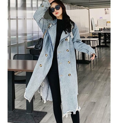 Damen Oversize Mantel Denim Übergang Revers Zweireiher Jeansjacke Gürtel Coats L