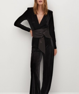Mango Velvet Jumpsuit Long Sleeve V-Neck Wide Leg Bow Womens Size Small Medium