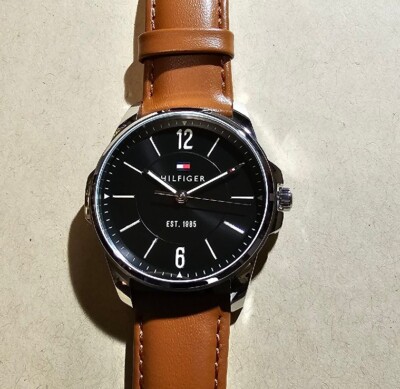 Tommy Hilfiger Watch 45mm Black Face & Brown Leather Band 