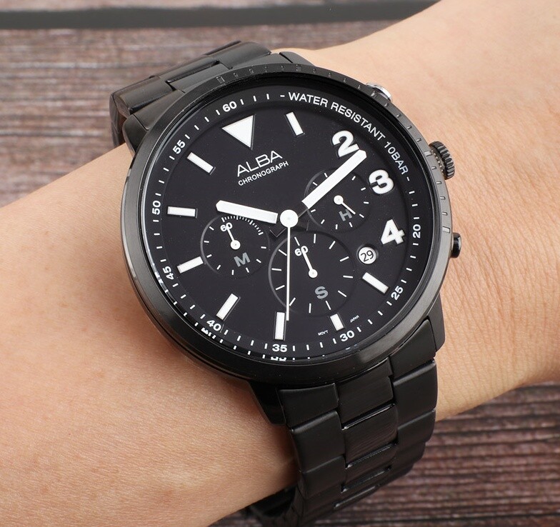 Pre-owned Seiko Alba At3f43x Black Stainless Steel Quartz 100m Wr Mens Chronograph Watch