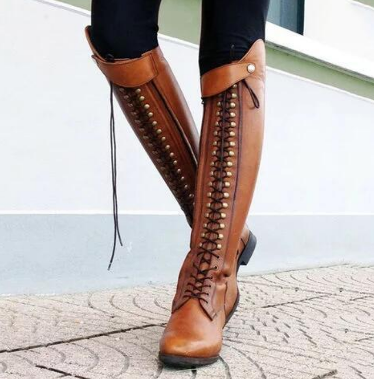 Women's Boots Knee High Lace up Stacked Heels Leather Tall Riding Chivalry boots | eBay