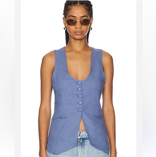 FREE PEOPLE Millie Linen Vest Denim Blue Grey Women's Sz