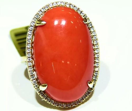 Designer 18K Gold Natural Coral White Cut Diamond Engagement Ring Vintage Retro