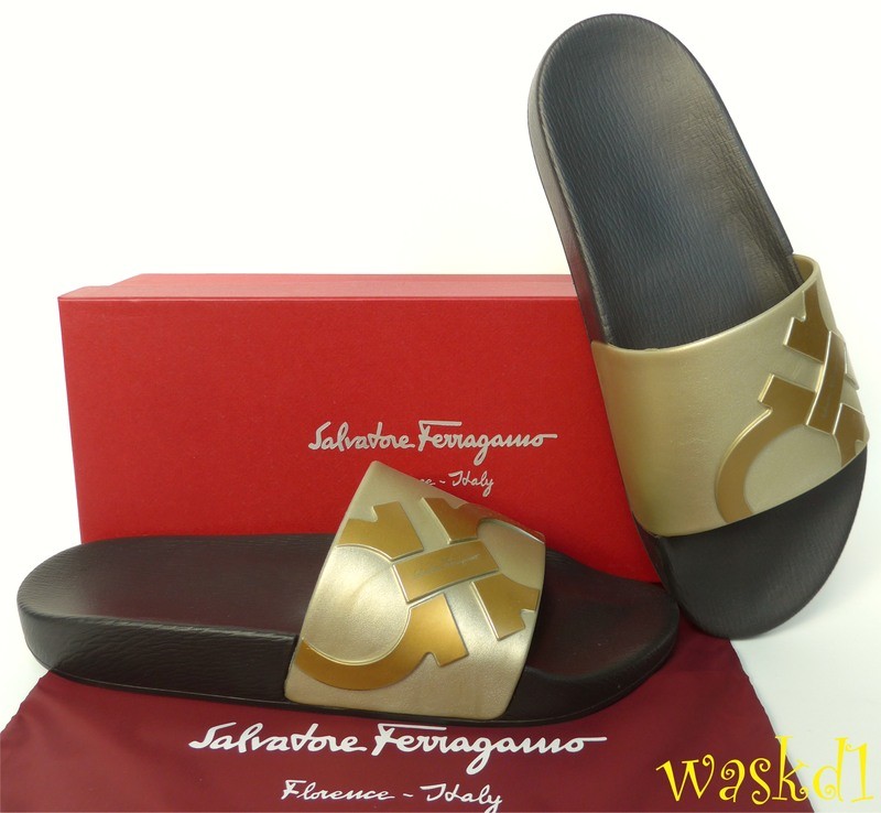 SALVATORE FERRAGAMO men 9M metallic DANTE slides FLIP-FLOPS shoes NIB Authentic!