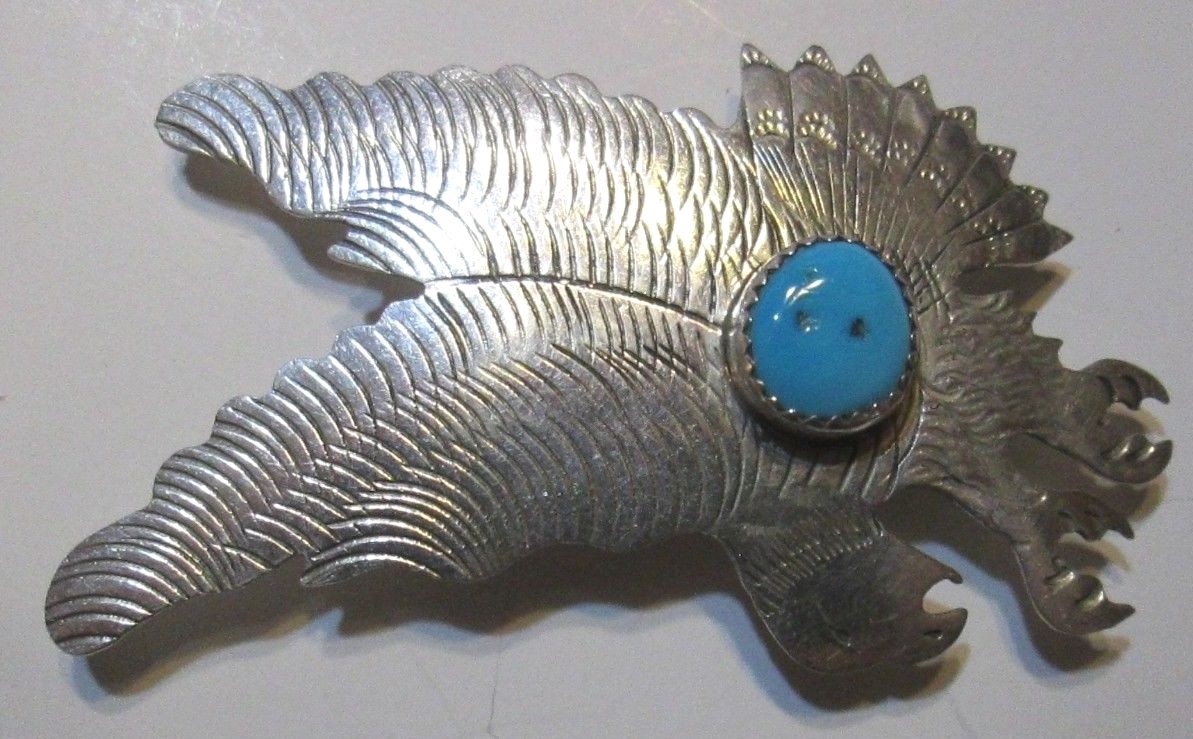 Vintage Navajo Signed Ben Yazzie Sterling Silver Turquoise Eagle Pendant Pin