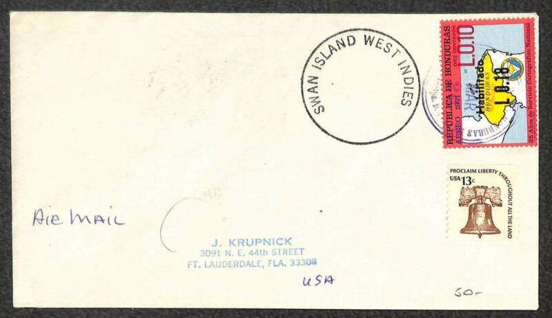 HONDURAS C557 & USA 1618 STAMPS SWAN ISLAND WEST INDIES TO FLORIDA COVER 1976