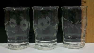 (3) Clear Depression Glass Juice Glass Etched Cut Floral VTG Set of Three Old