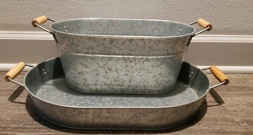 Galvanized Metal Rustic Pail Bucket oblong & Serving Tray Farmhouse Decor BBQ