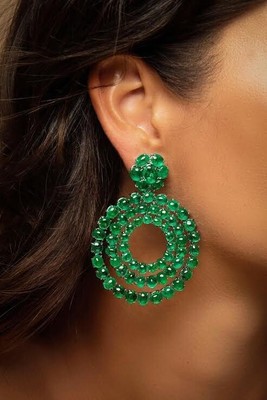Cabochon Syn Emerald Hoop Stud Earrings 925 Fine Silver Handcrafted Luxury Jewel