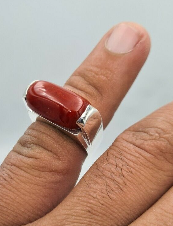Pre-owned Handmade Natural Dark Deep Red Coral Moonga Coral Ring Marjan Unisex Ring Silver Jewelry