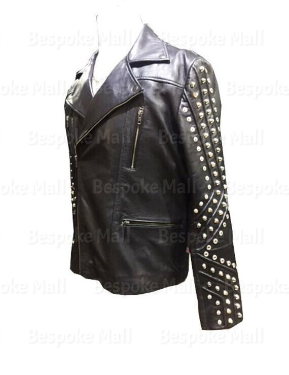 Pre-owned Handmade Men's Black Motorcycle Silver Studded Genuine Leather Brando Jacket-967