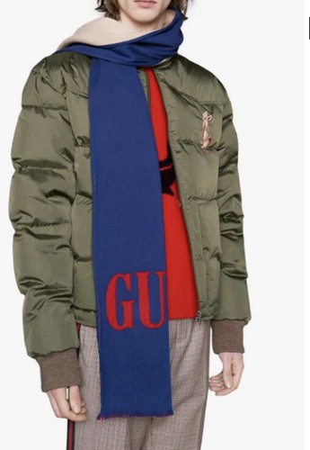Pre-owned Gucci $450 Authentic  Jacquard Um Scarf Mens Blue Sapphire Red 35 X 180