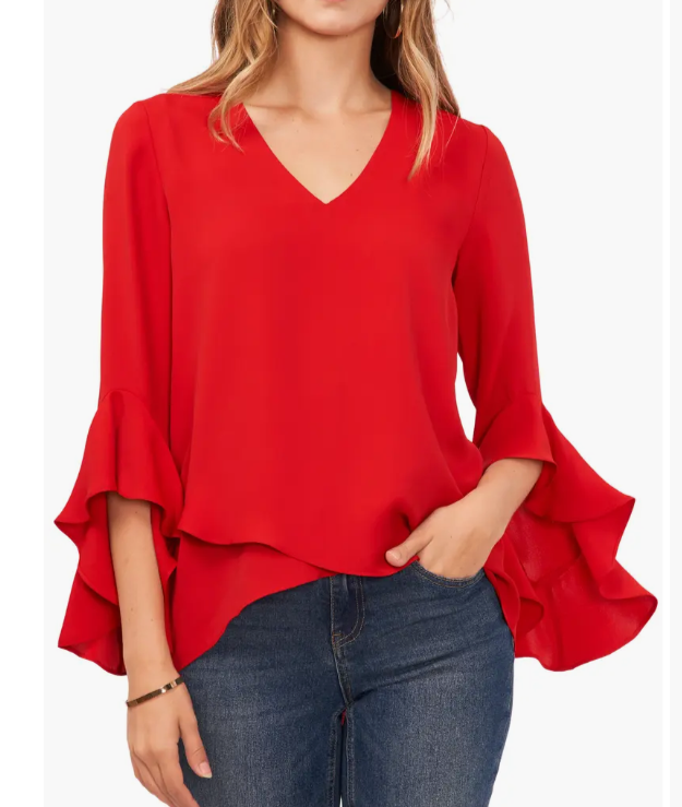 Vince Camuto Womens Long Ruffle Sleeve Blouse V Neck Dark