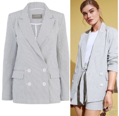 New OASIS Black Mix Double Breasted Pinstripe Blazer Size UK 14 