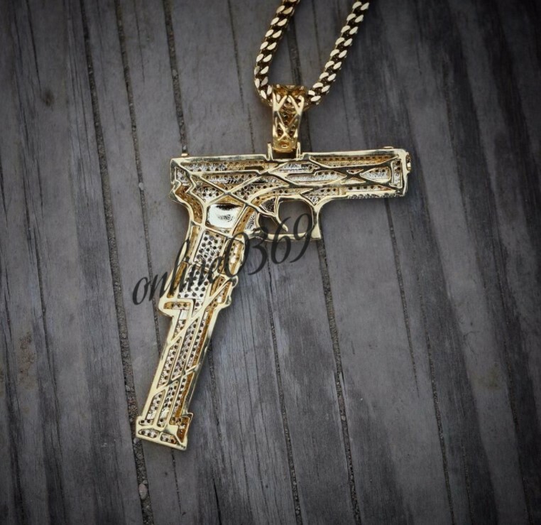 Pre-owned Valentine Gift 3.8ct Simulated Diamond Men's Pistol Hand Gun Dj Party Pendant In White