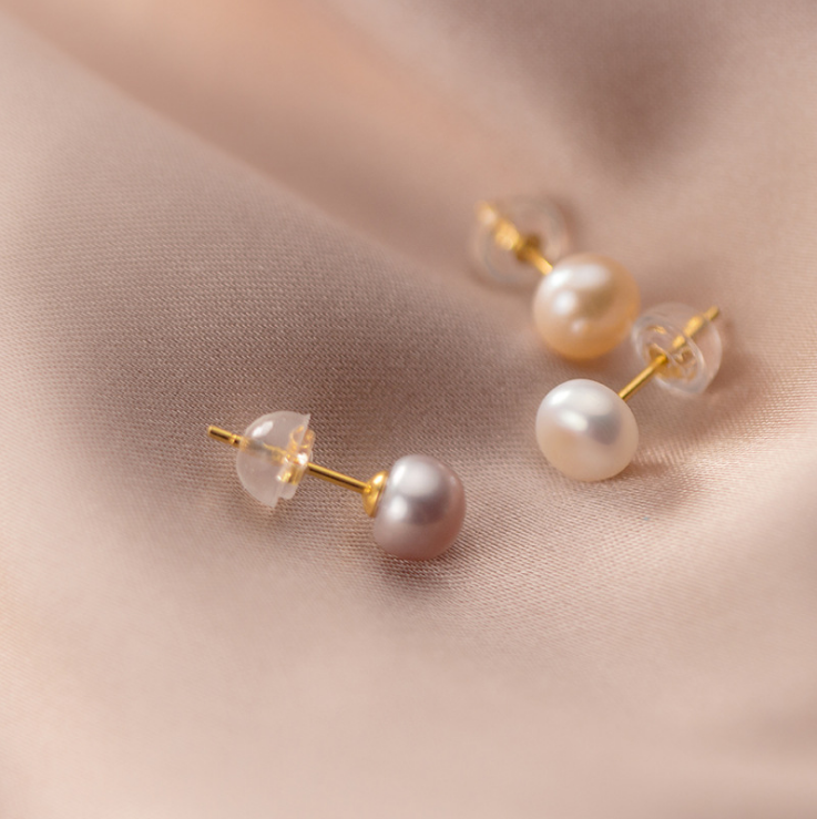 14K Gold Freshwater Cultured Pearl Button Stud Earrings 925 Sterling Silver Set