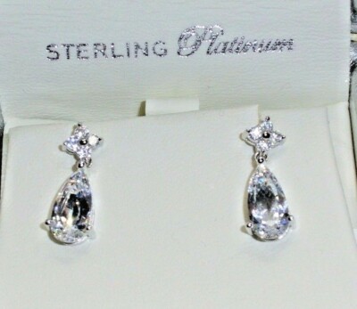 NEW Crislu Sterling Platinum Pear Shaped 3.74 ctw CZ Drop Earrings Boxed 