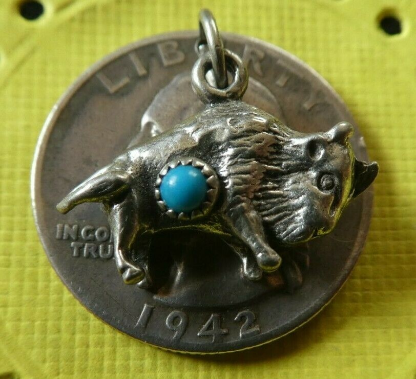 Vintage Sterling Silver & Turquoise Bead Buffalo Bison Charm